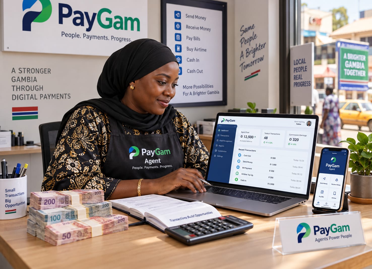 A PayGam agent at her desk with cash, a laptop and the agent dashboard