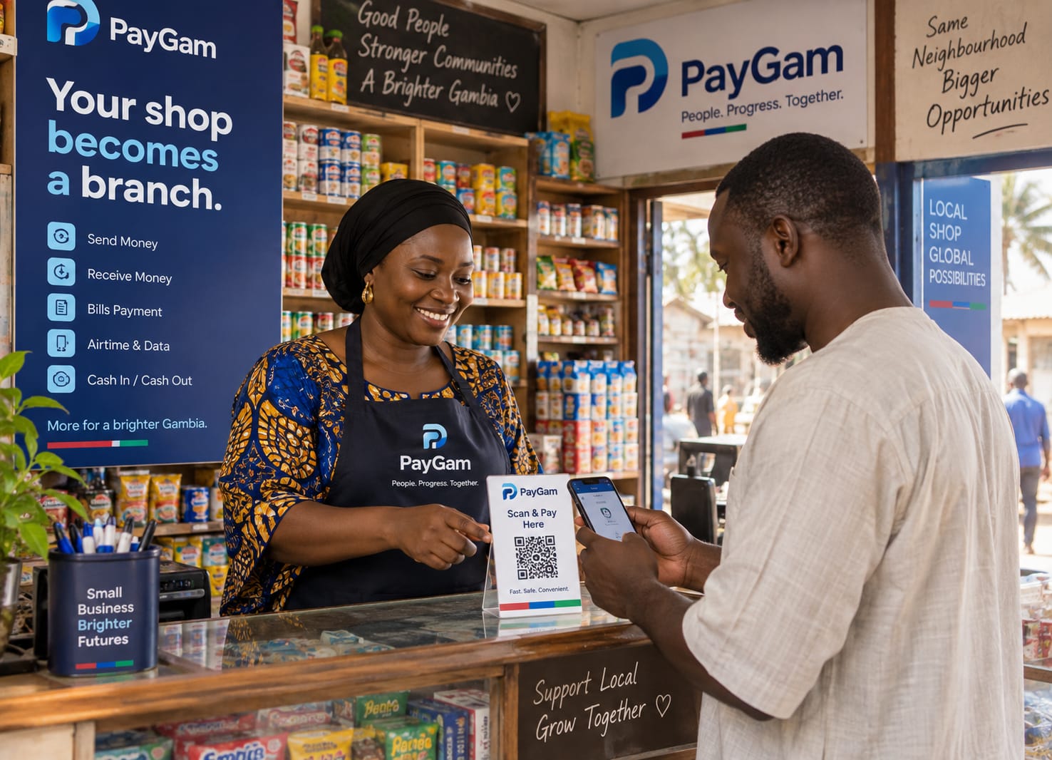 A customer paying at a PayGam agent counter with a Scan & Pay stand