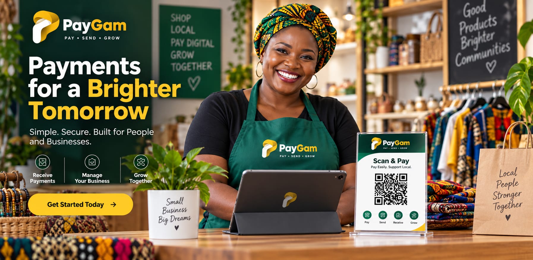 A PayGam merchant in her shop with the app and a Scan & Pay stand