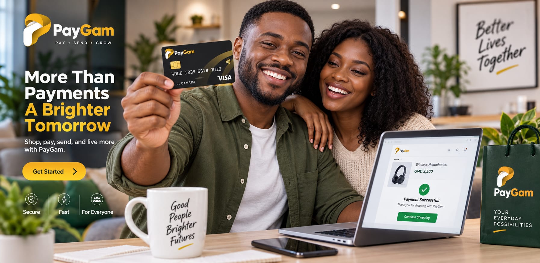 Two PayGam customers with a card and a laptop showing a payment received