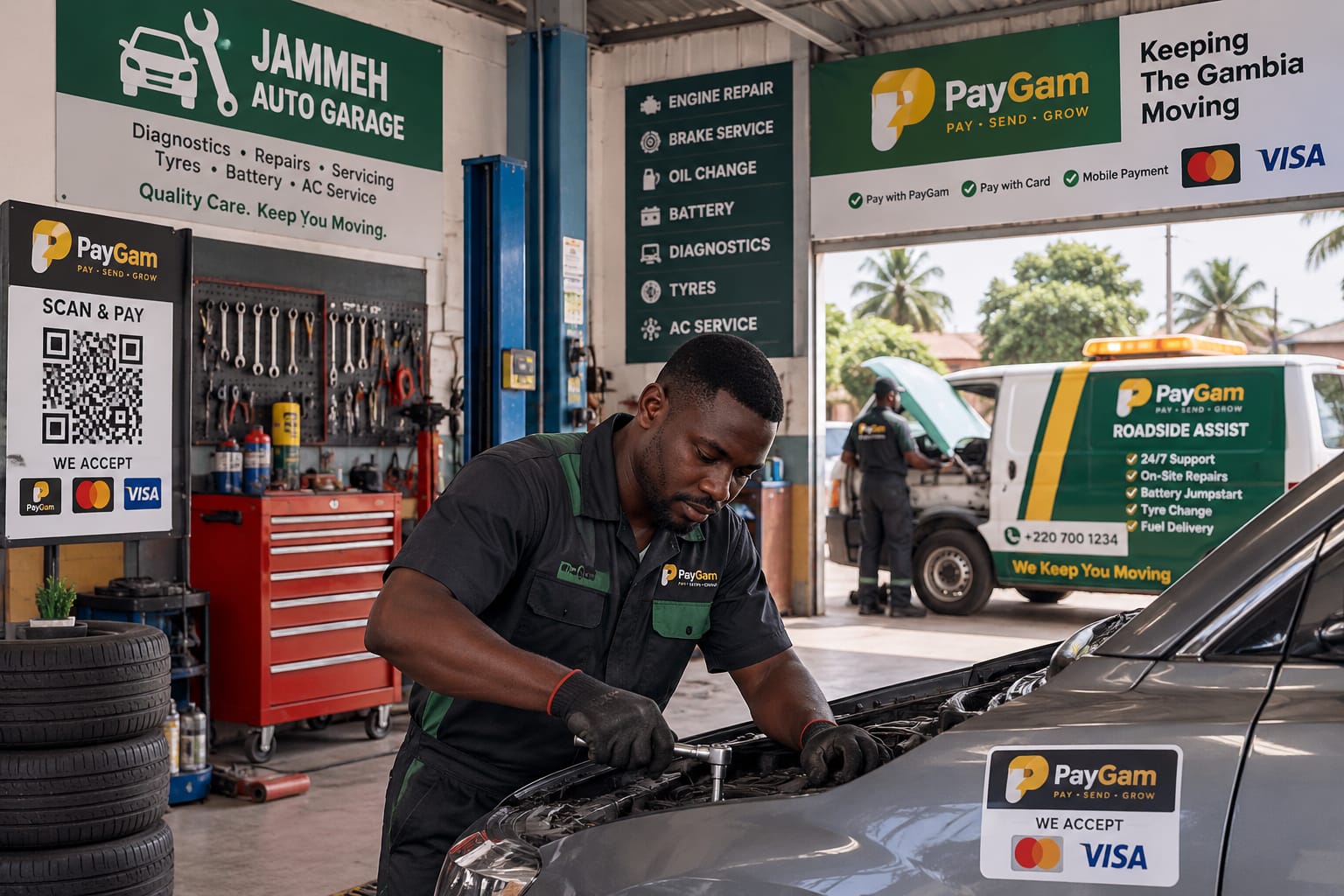 A mechanic at Jammeh Auto Garage, which accepts PayGam