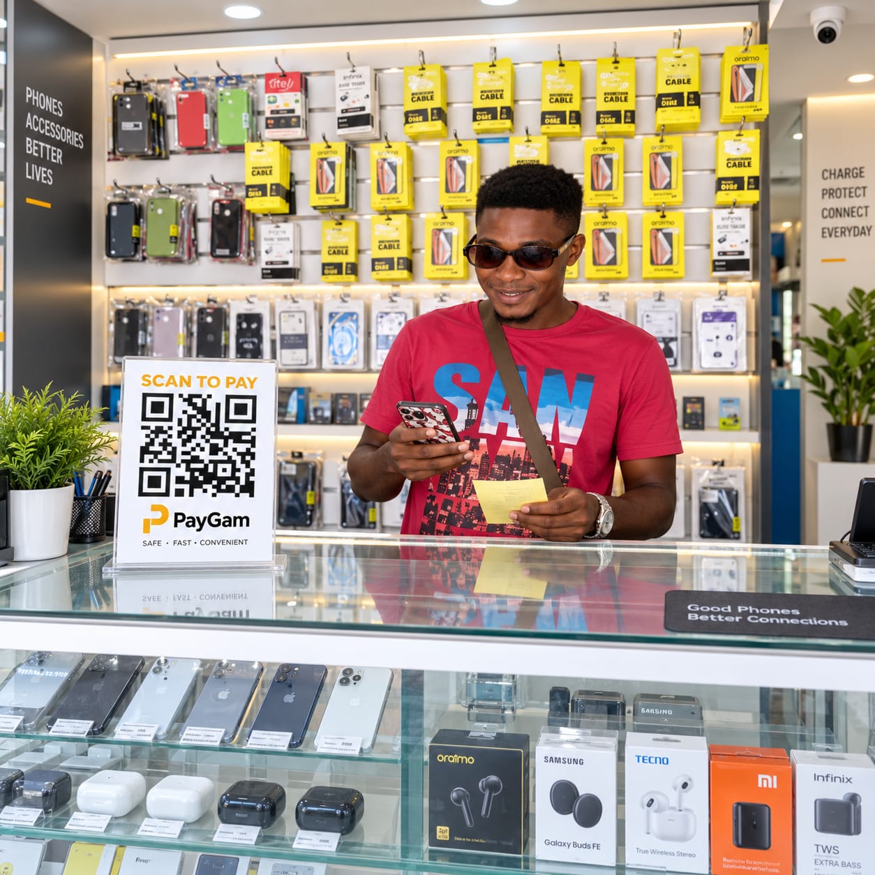 A phone accessories shop with a PayGam Scan to Pay card on the counter