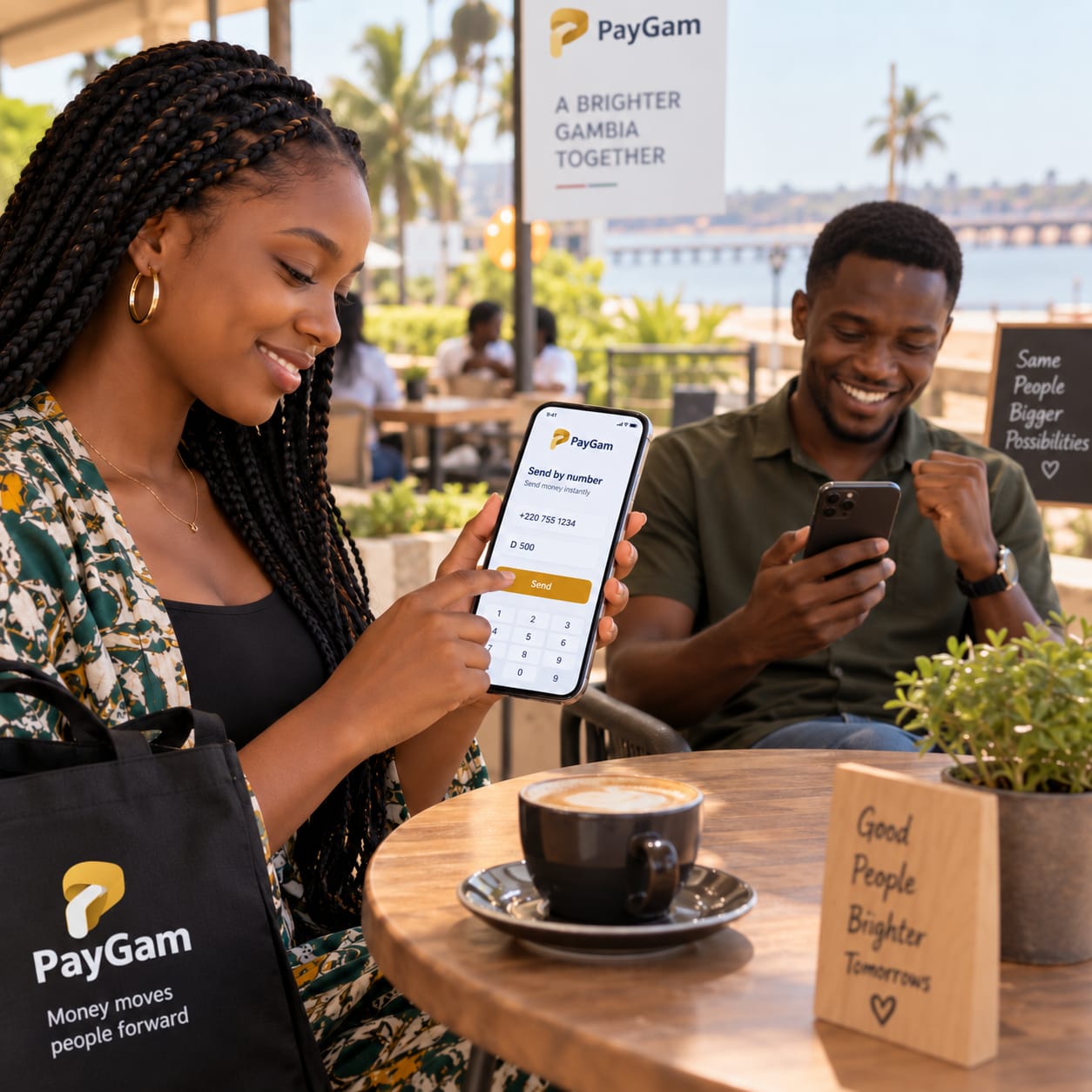 Two friends sending money to each other by phone number over coffee