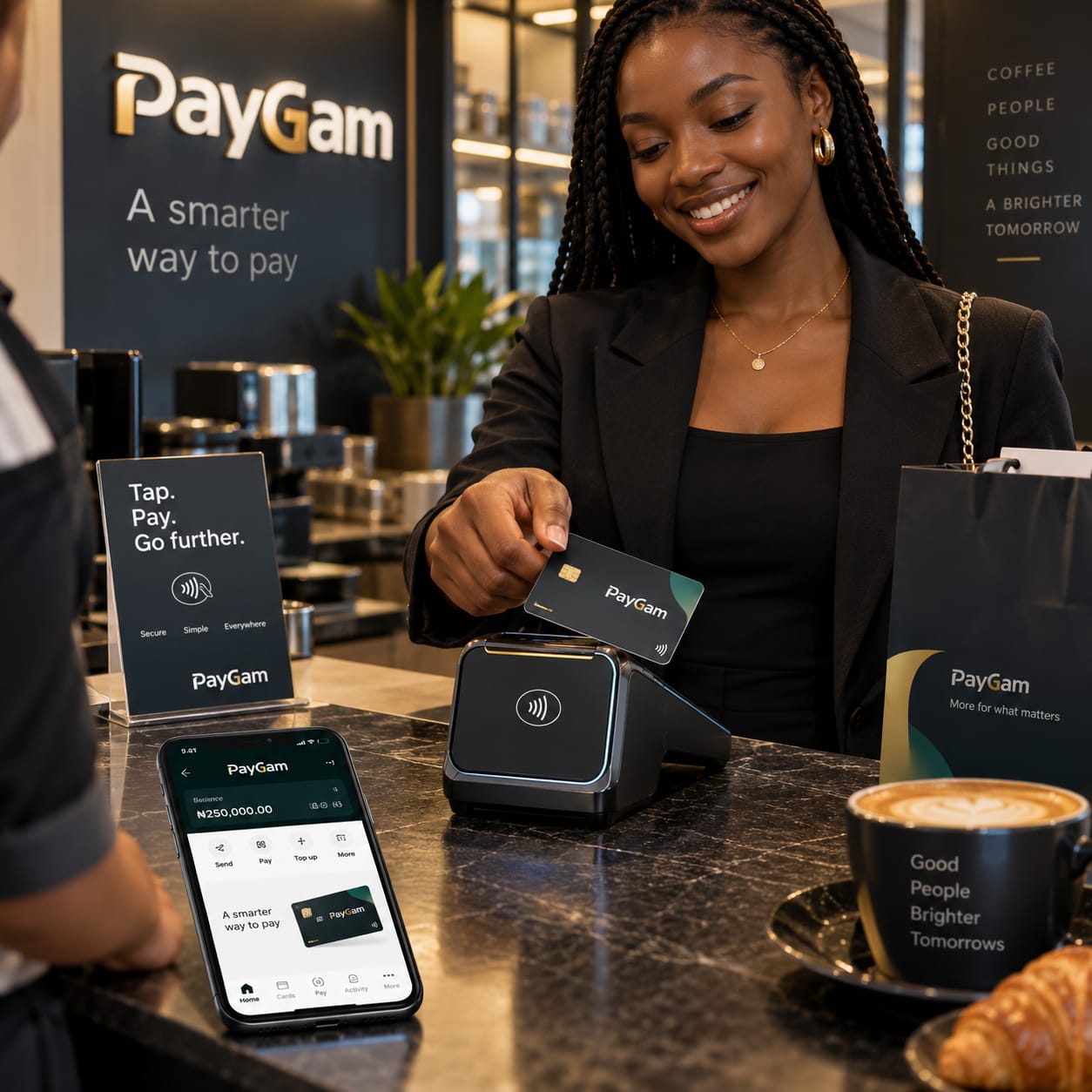 A customer tapping a PayGam card on a contactless terminal